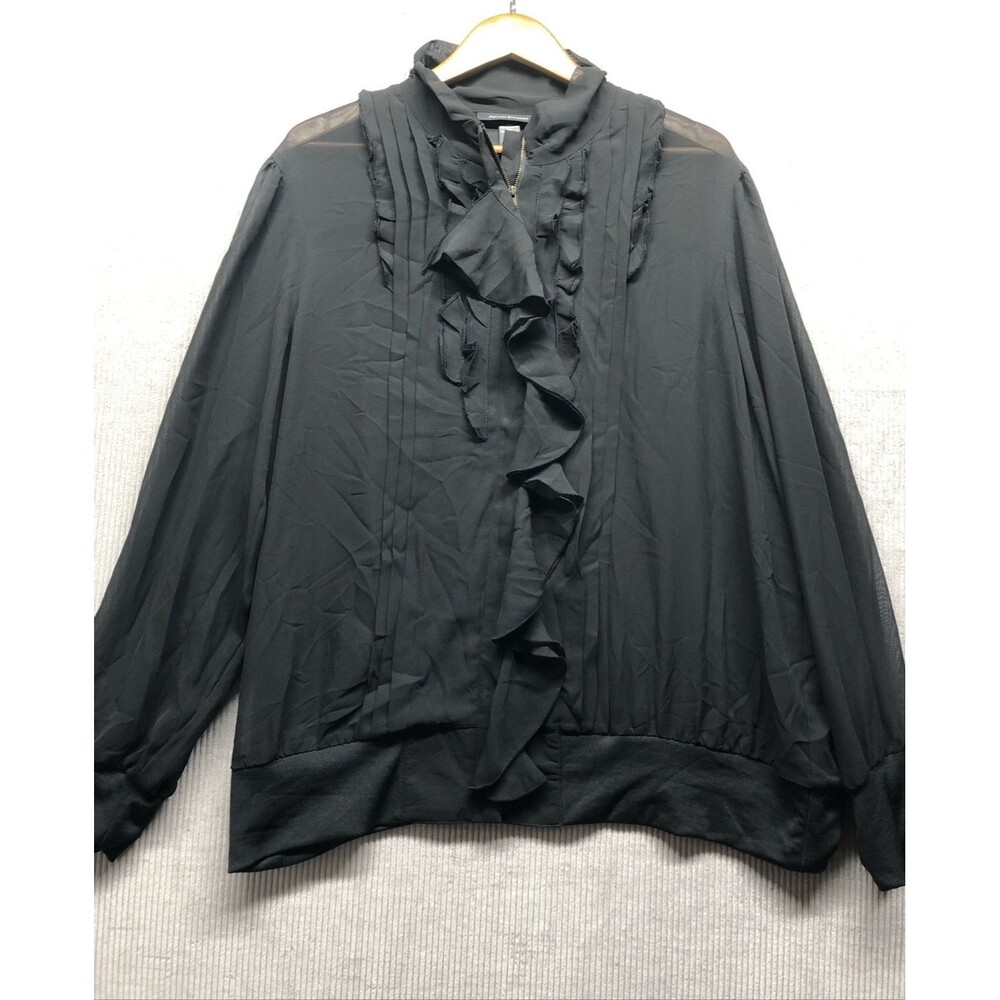 Ashley Stewart Womens 24W Black Sheer Ruffle Full Zip Shacket Romantic Goth NWT